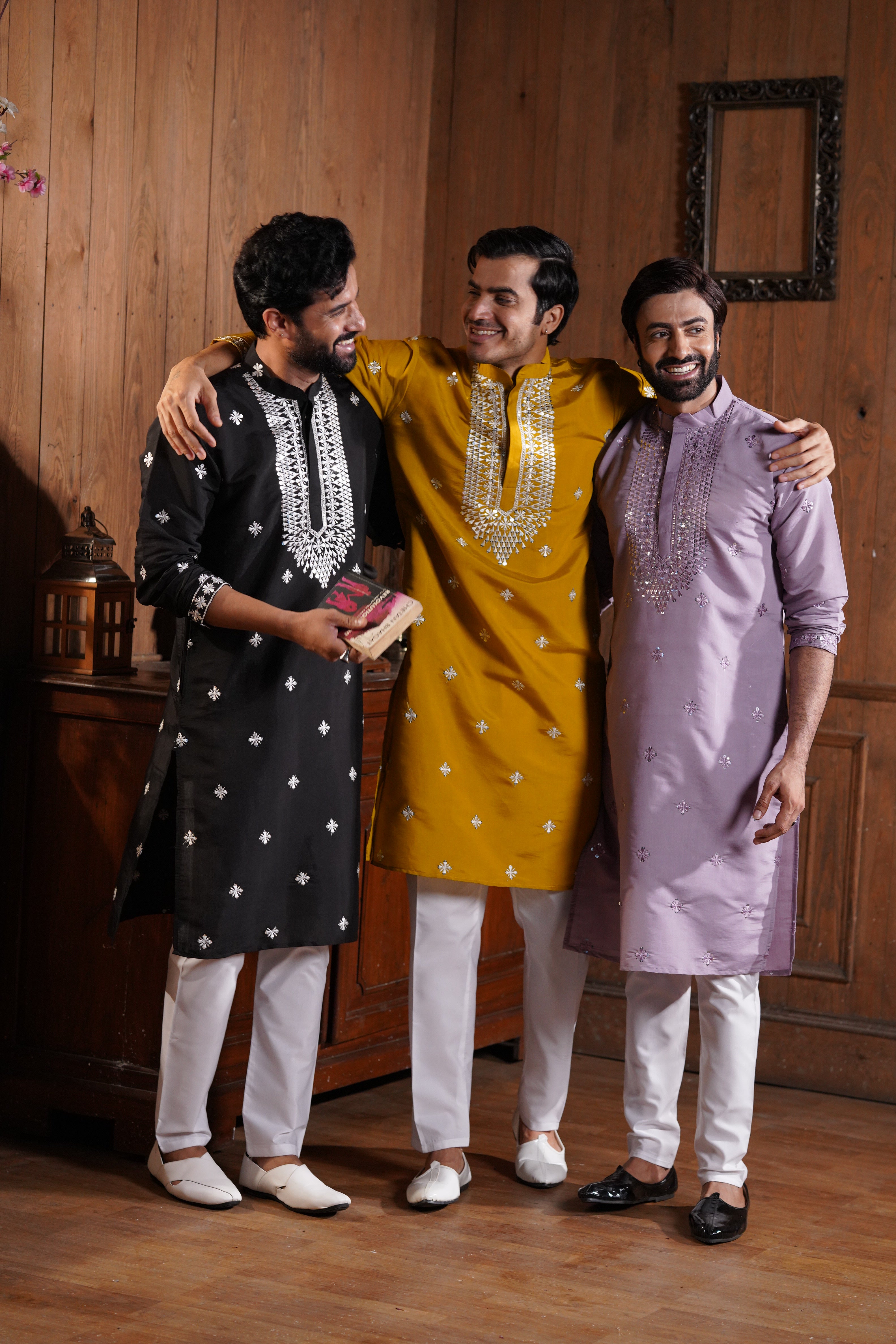 Lavender Cotton Silk Men's Kurta with Neck Embroidery & All-Over Mirror Work