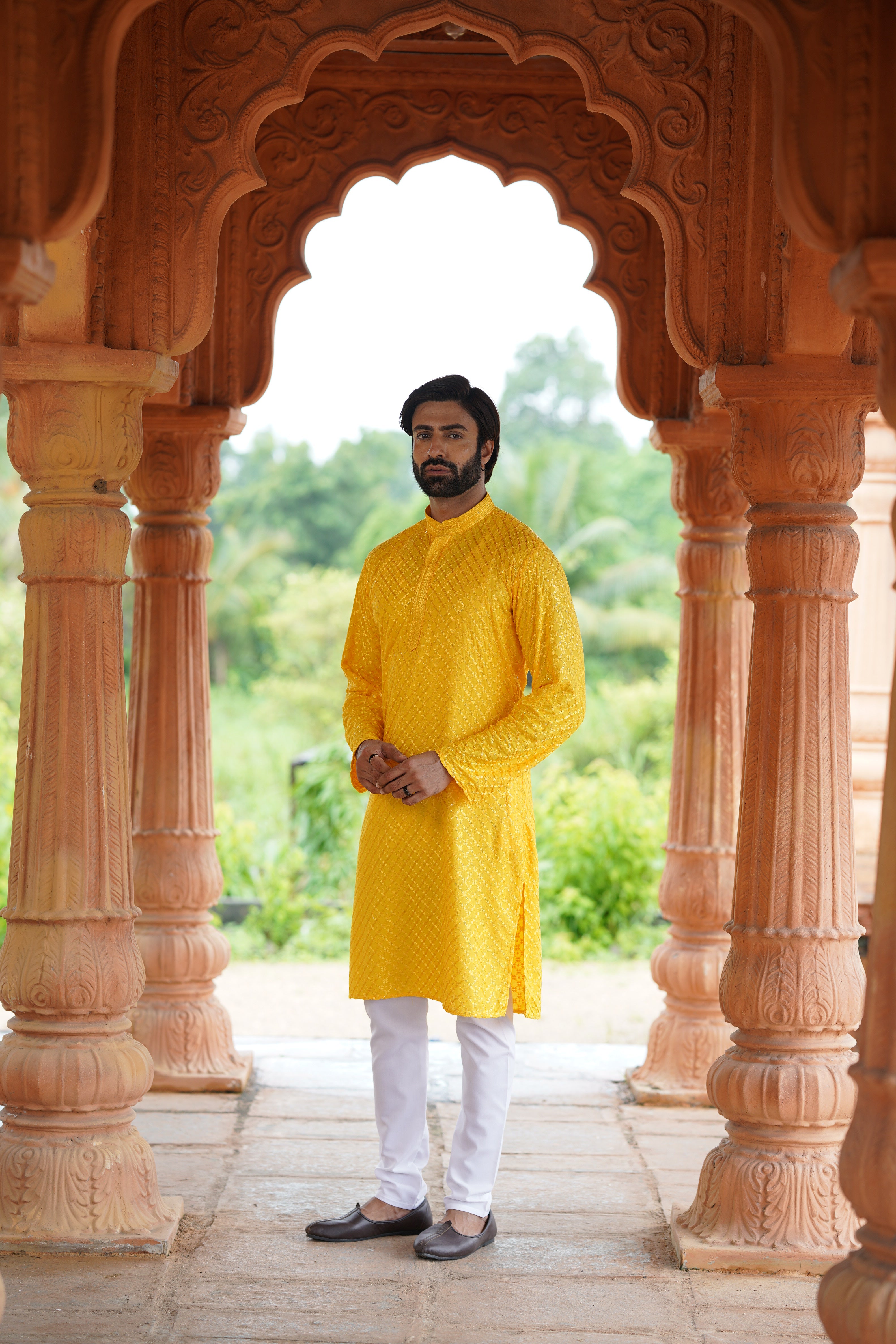 Men’s Mustard Viscose Kurta with Sequin Detailing