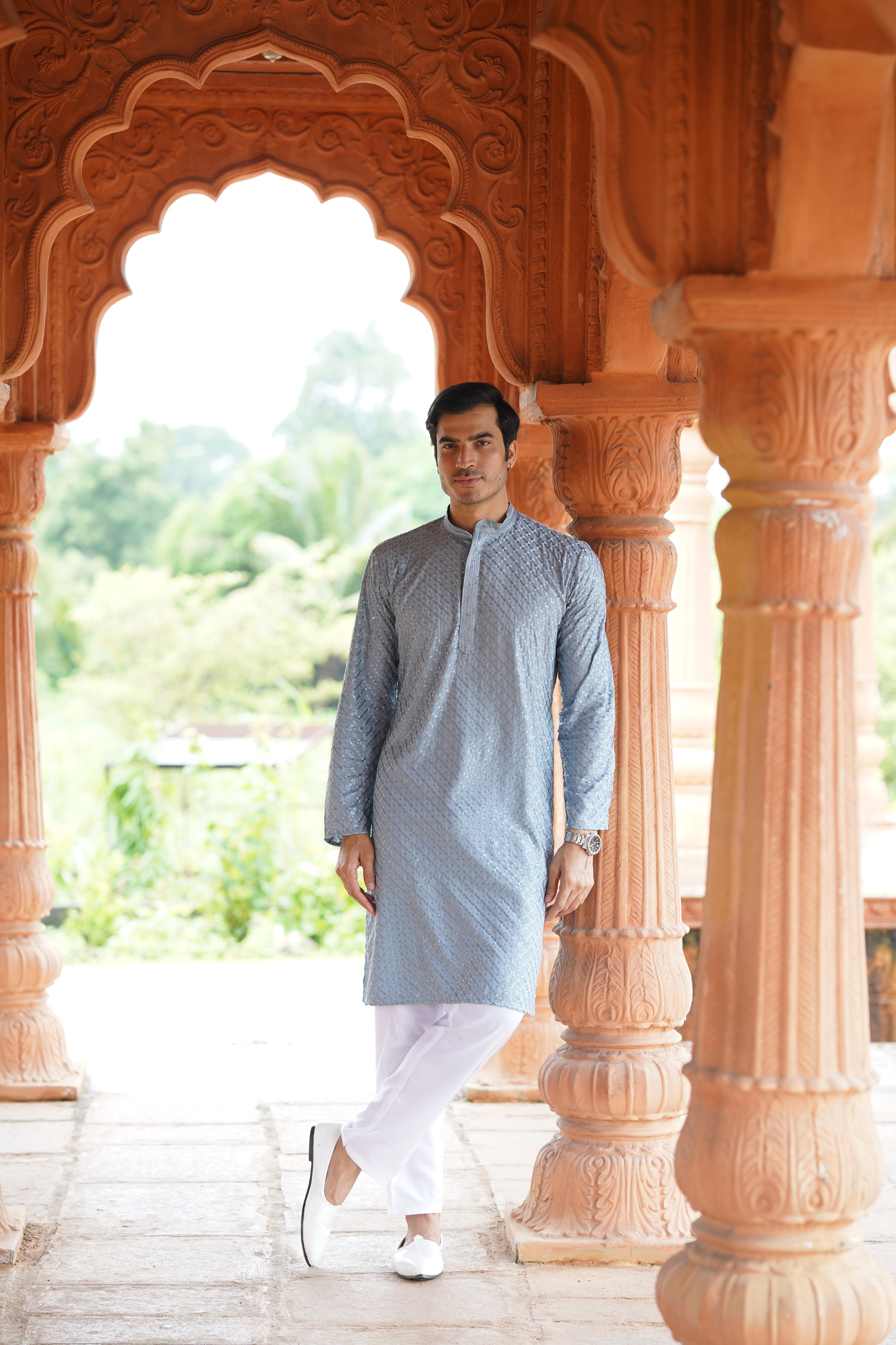 Men’s Blue Grey Viscose Kurta with Sequin Detailing