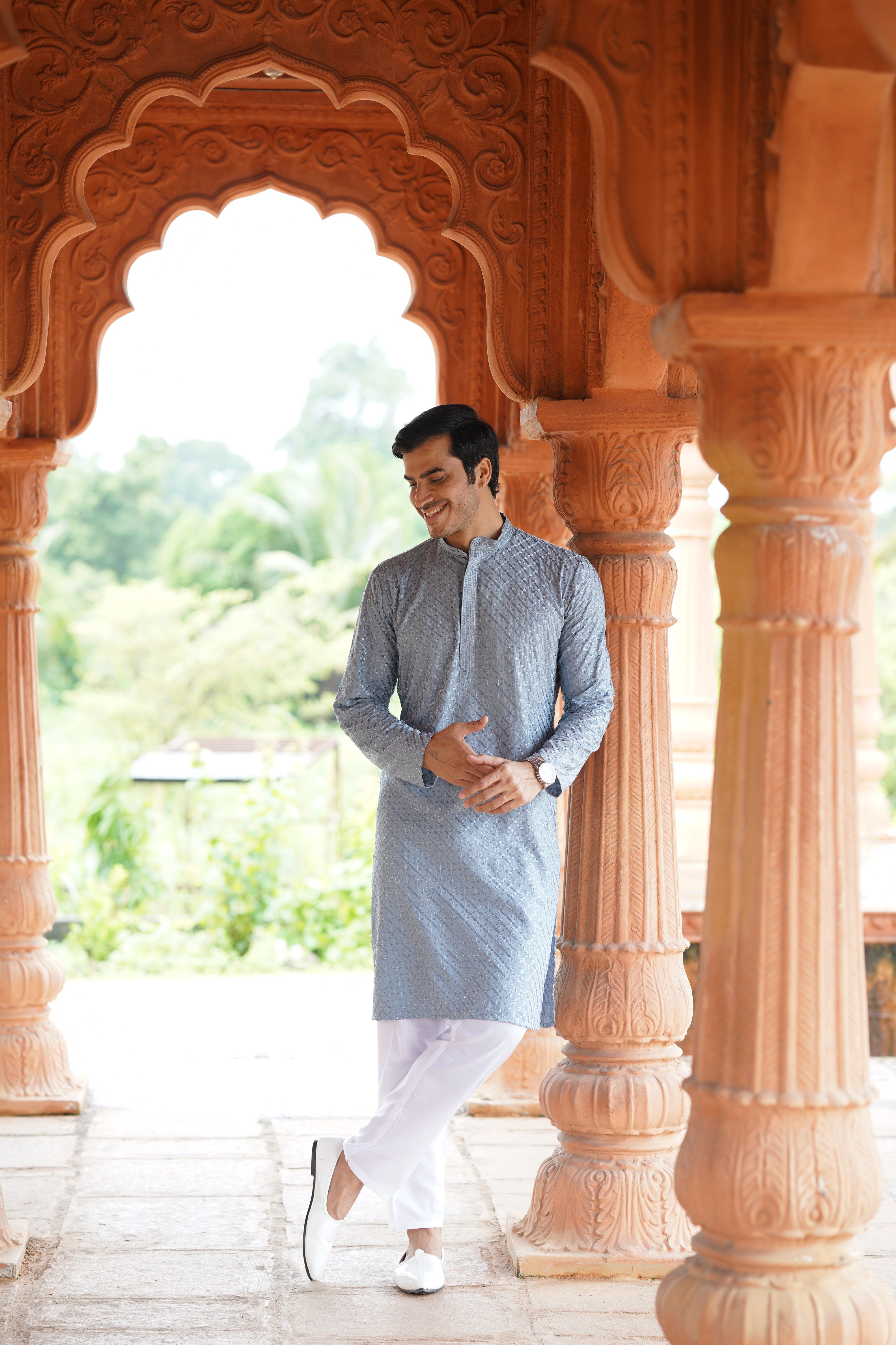 Men’s Blue Grey Viscose Kurta with Sequin Detailing