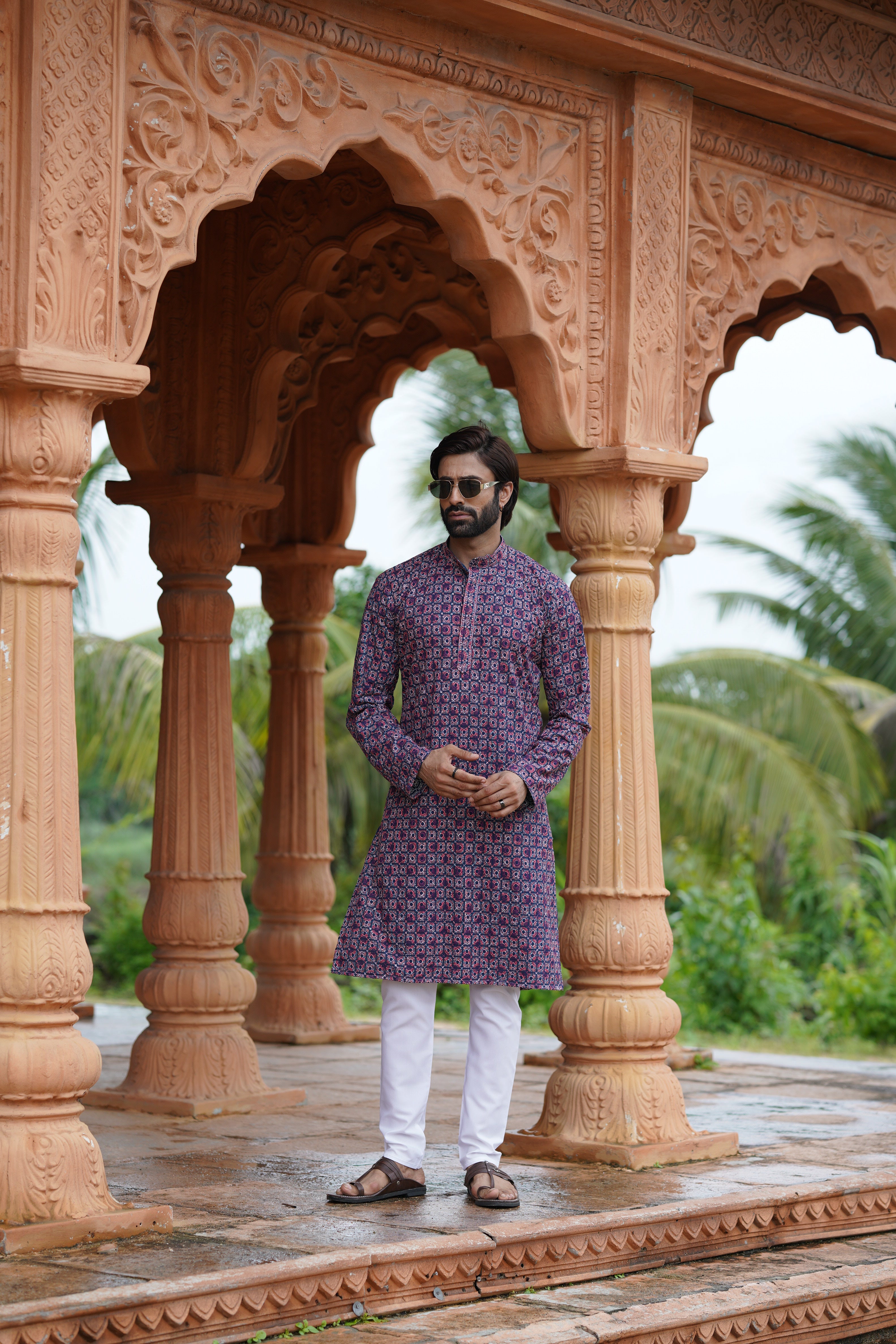 Regal Men’s Grid Print Chikankari Embroidered Kurta