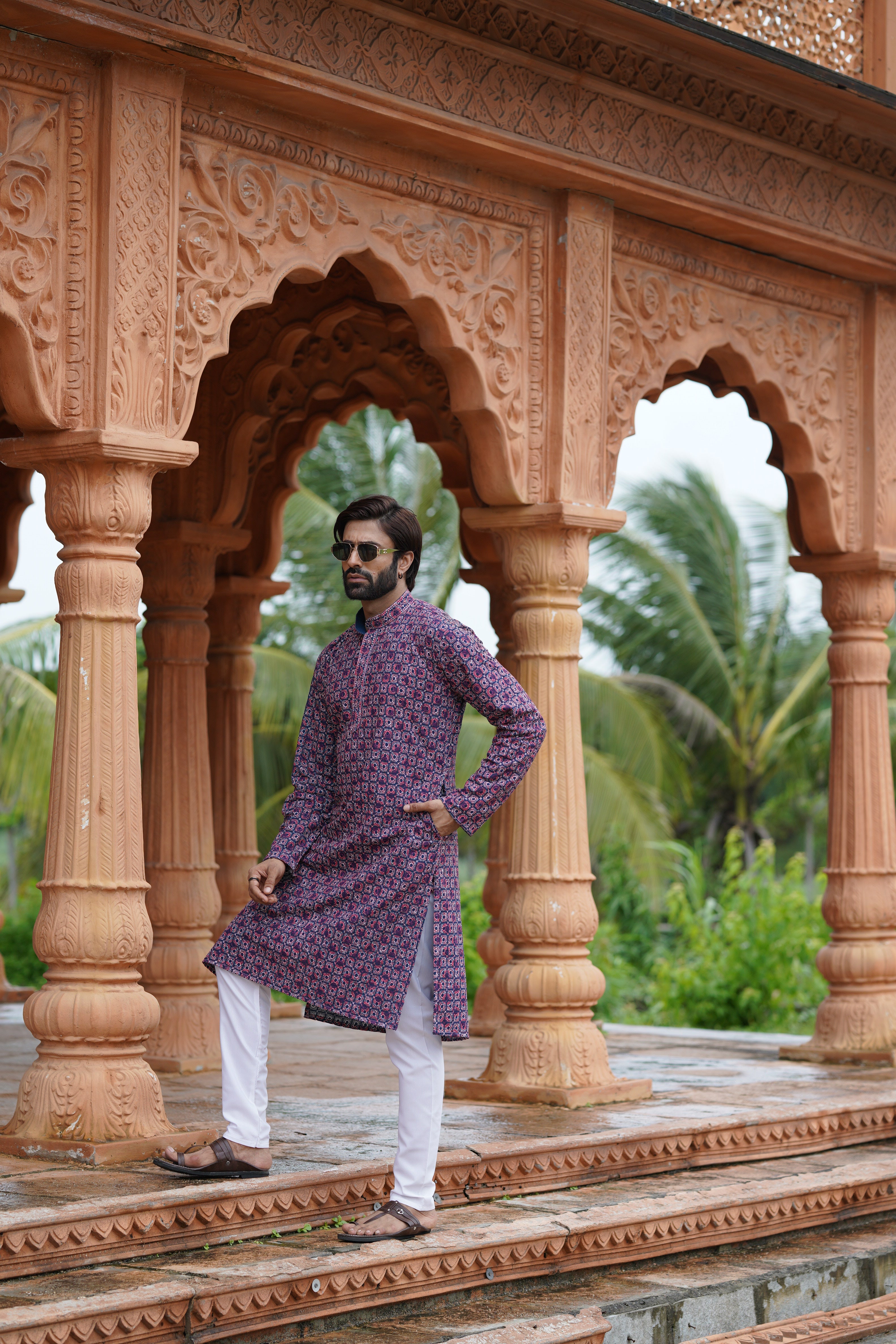 Regal Men’s Grid Print Chikankari Embroidered Kurta