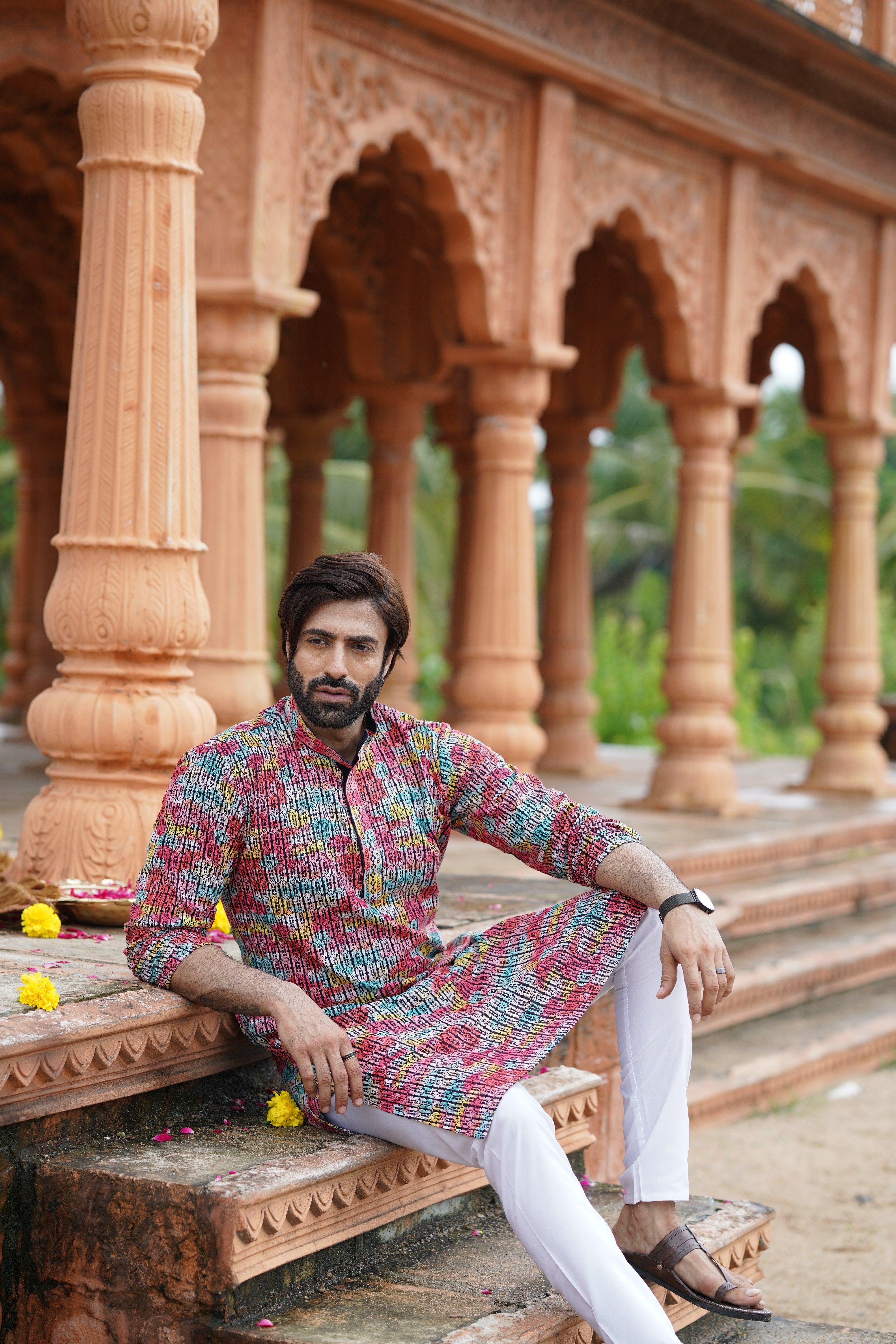 Multicolour Men’s Grid Print Chikankari Embroidered Kurta