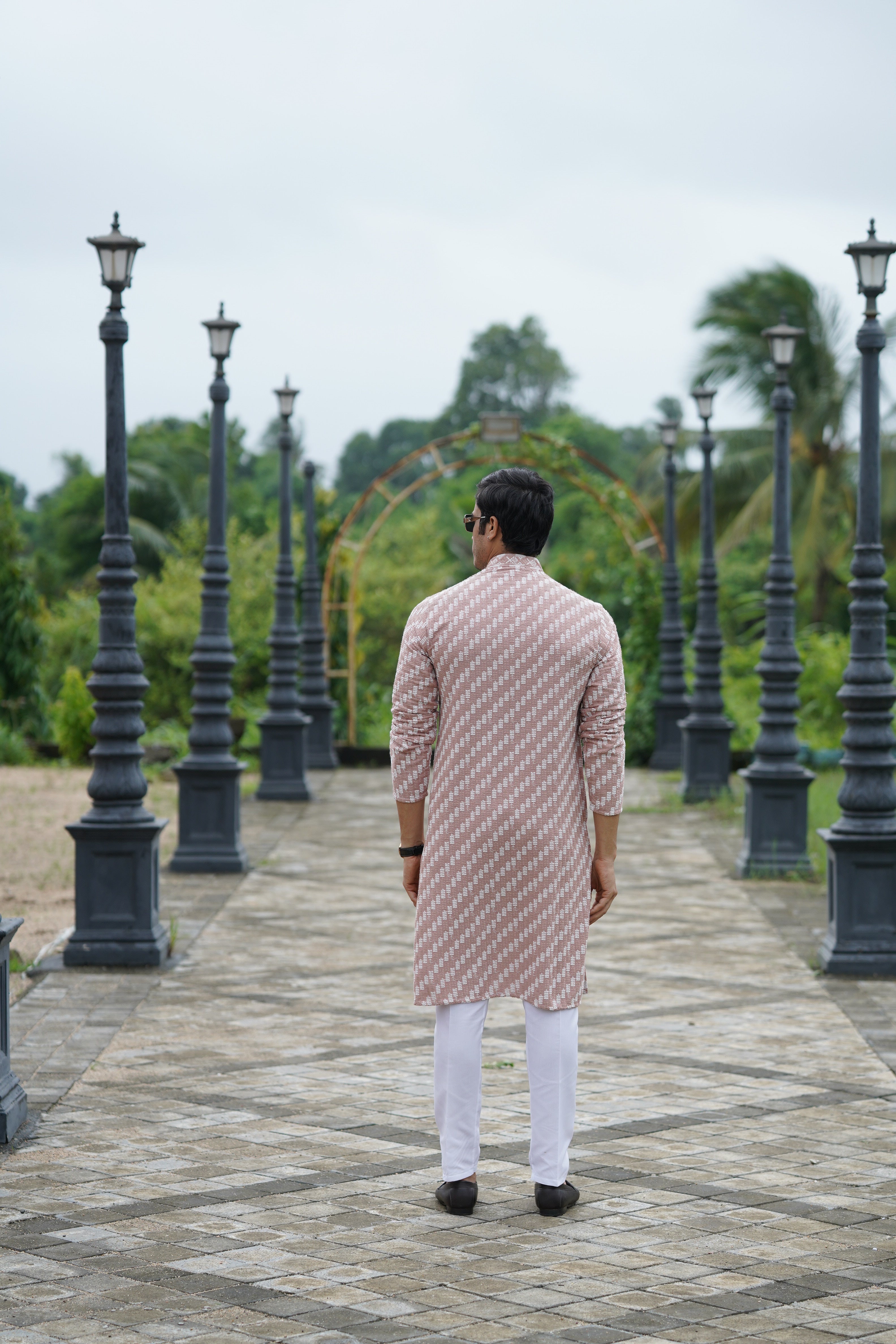 Rust Pink Designer Lucknowi Embroidered Men's Kurta Pyjama Set