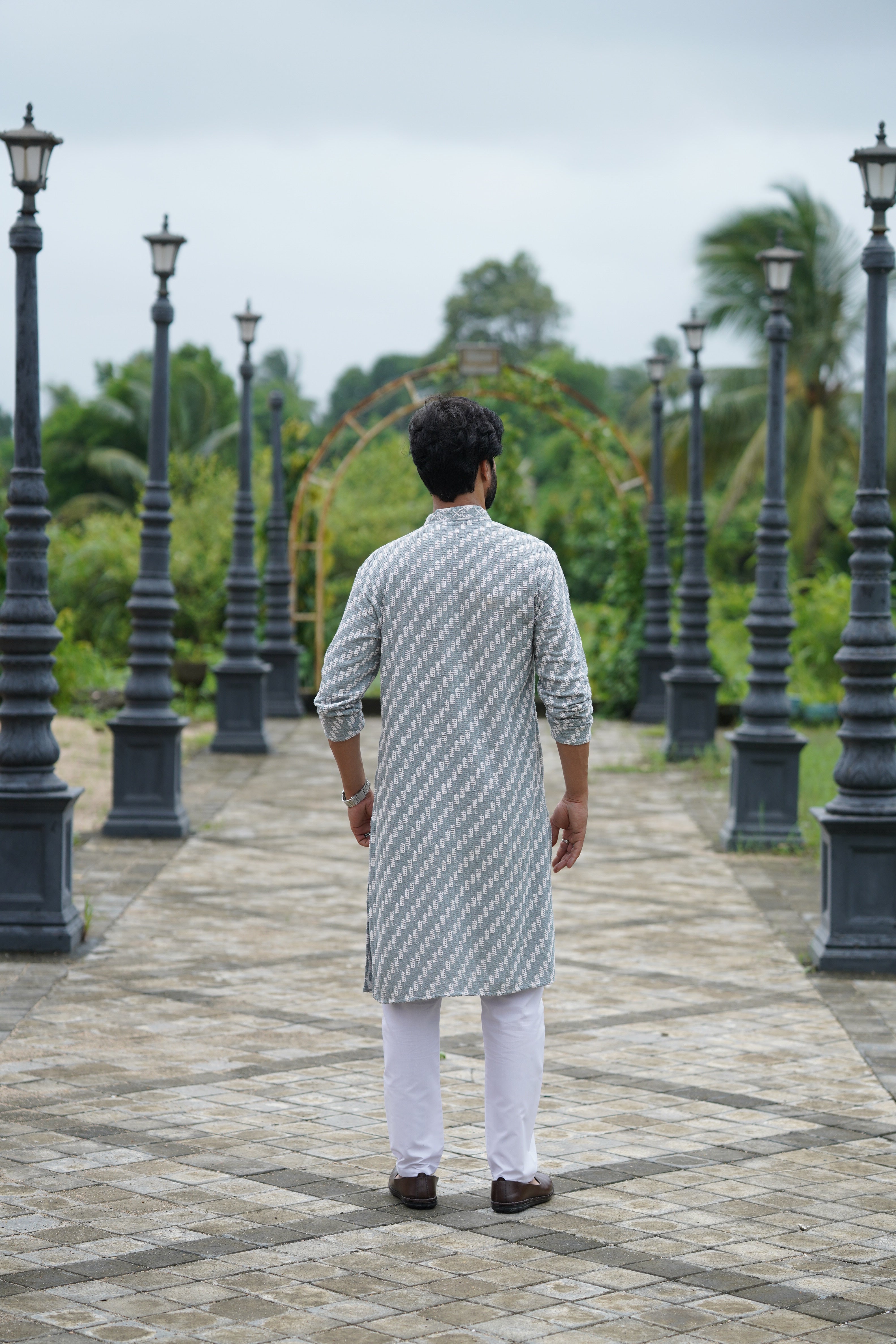 Blue Grey Designer Lucknowi Embroidered Men's Kurta Pyjama Set