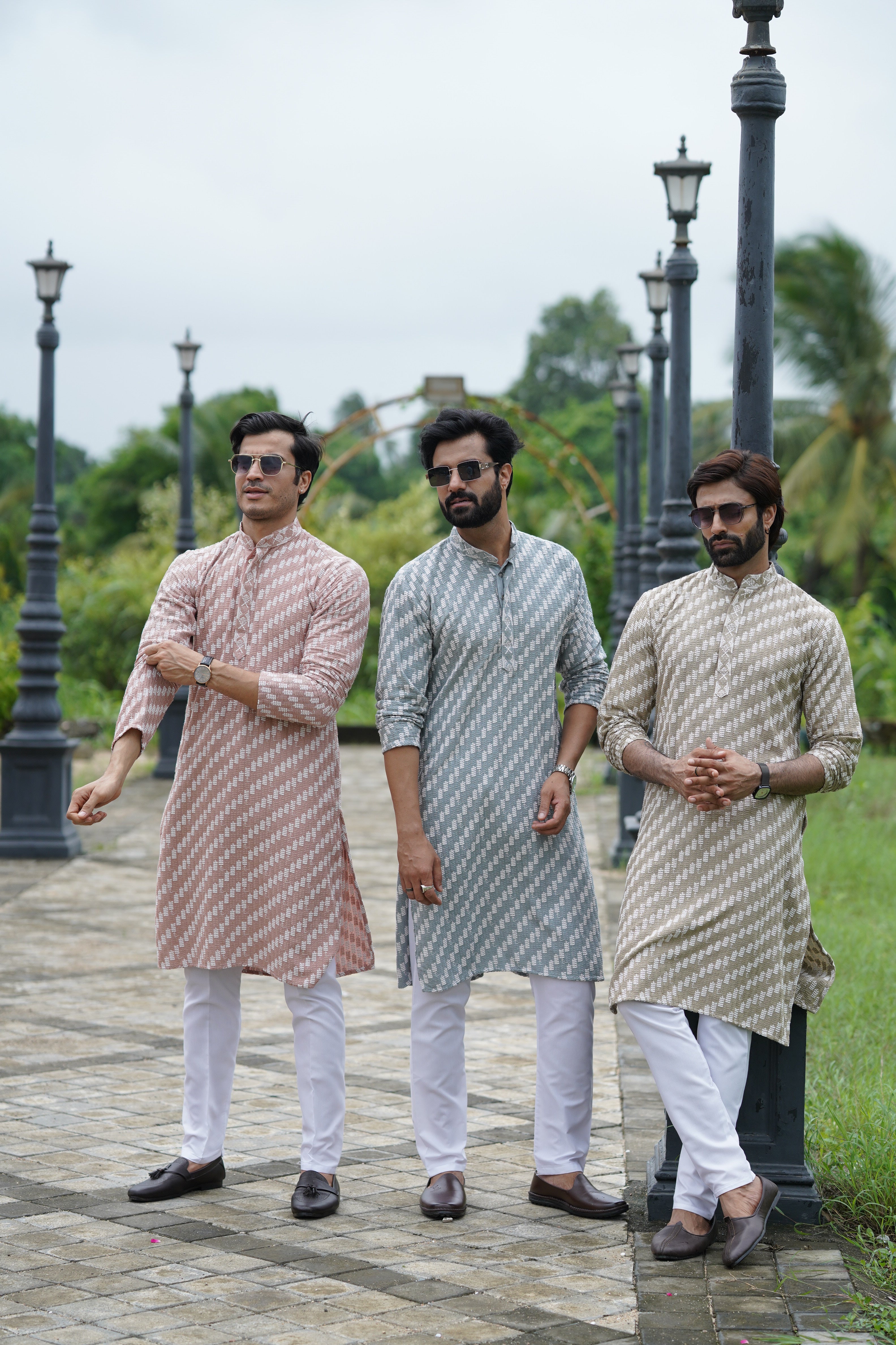 Rust Pink Designer Lucknowi Embroidered Men's Kurta Pyjama Set
