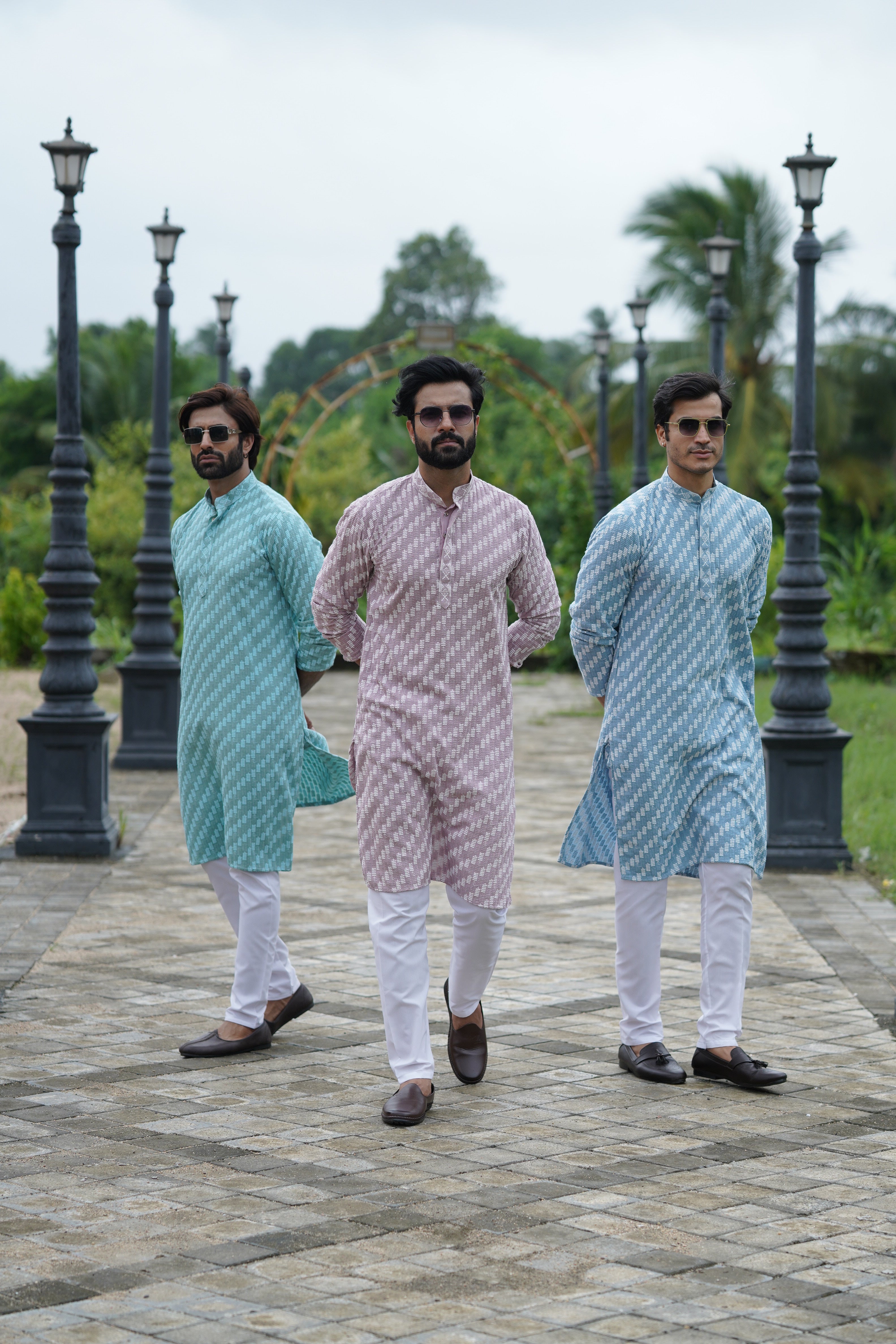 Aqua Blue Designer Lucknowi Embroidered Men's Kurta Pyjama Set