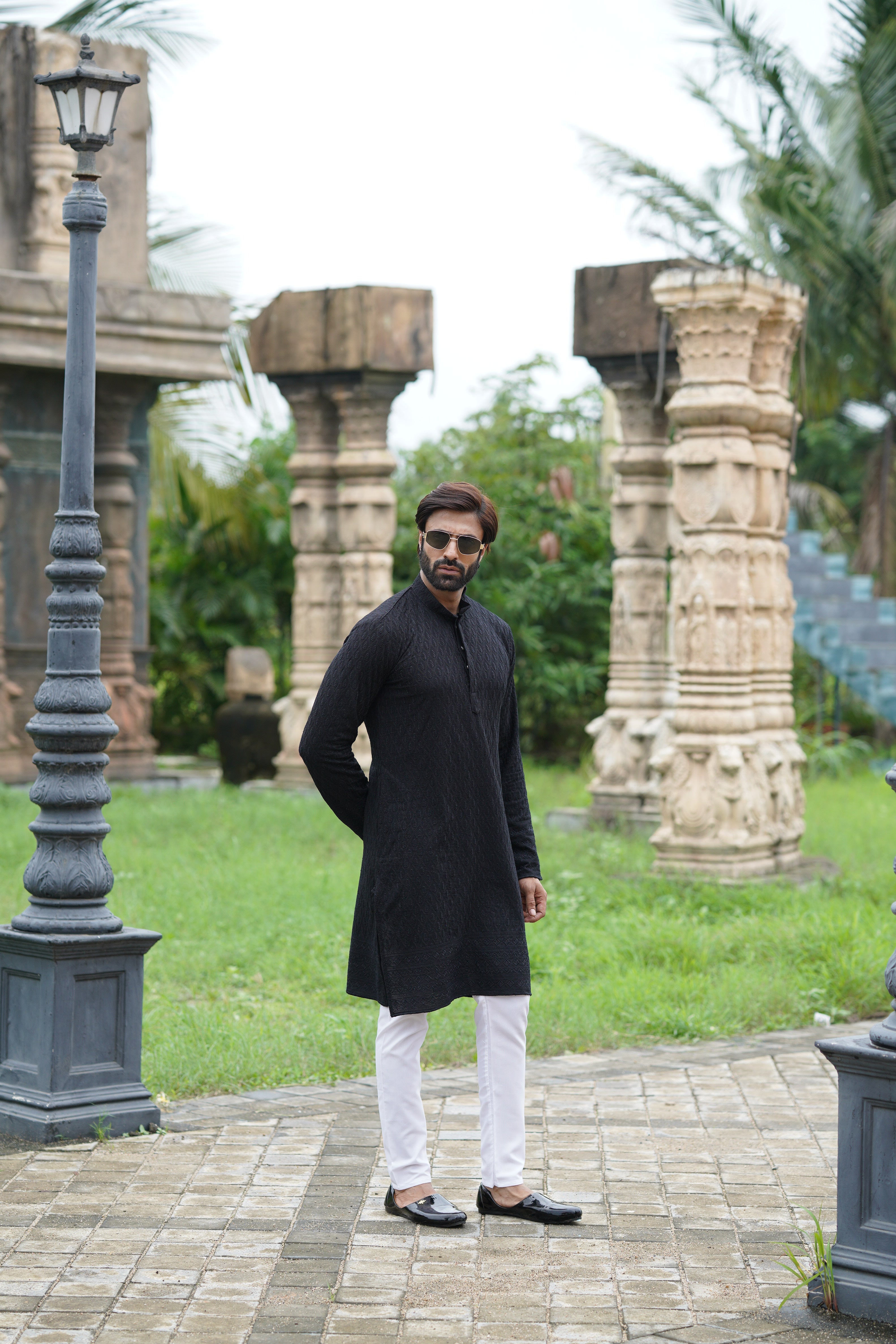Black Chikankari Embroidered Men’s Kurta Pyjama Set