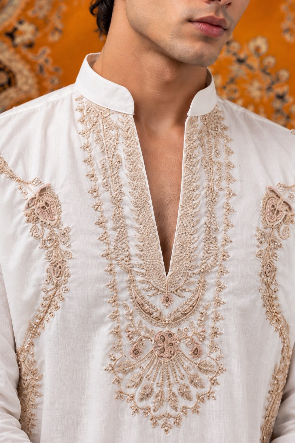 White Ornate Embroidered V-Neck Short Kurta