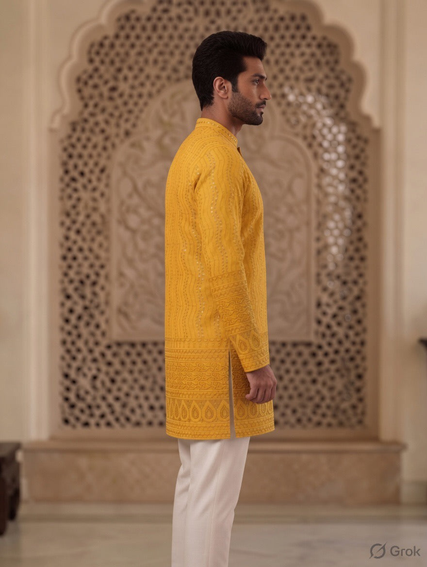 Royal Heritage Embroidered Yellow Short Kurta
