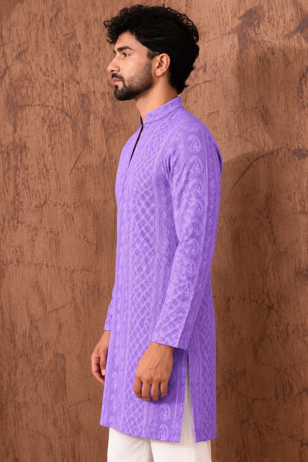 Lavender Chikankari Textured V-Neck Short Kurta