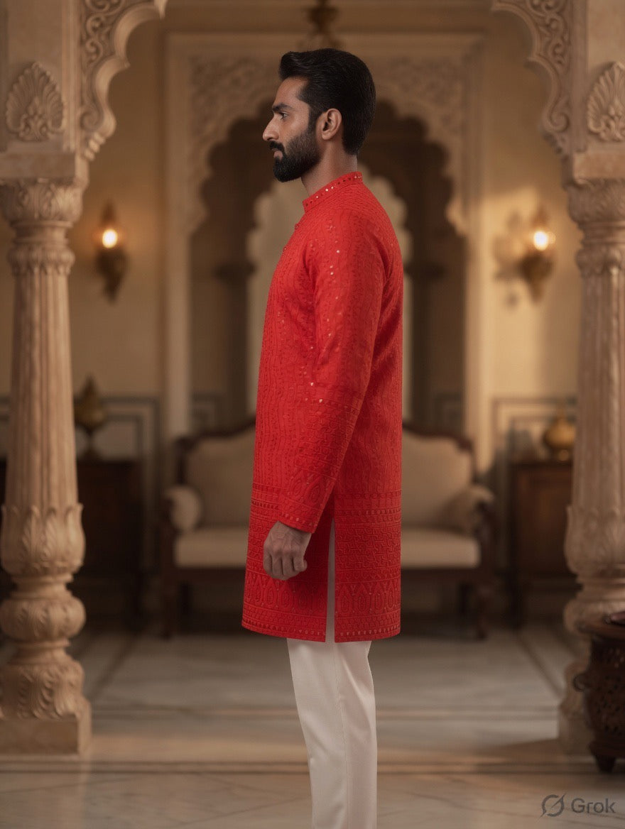 Royal Heritage Embroidered Red Short Kurta