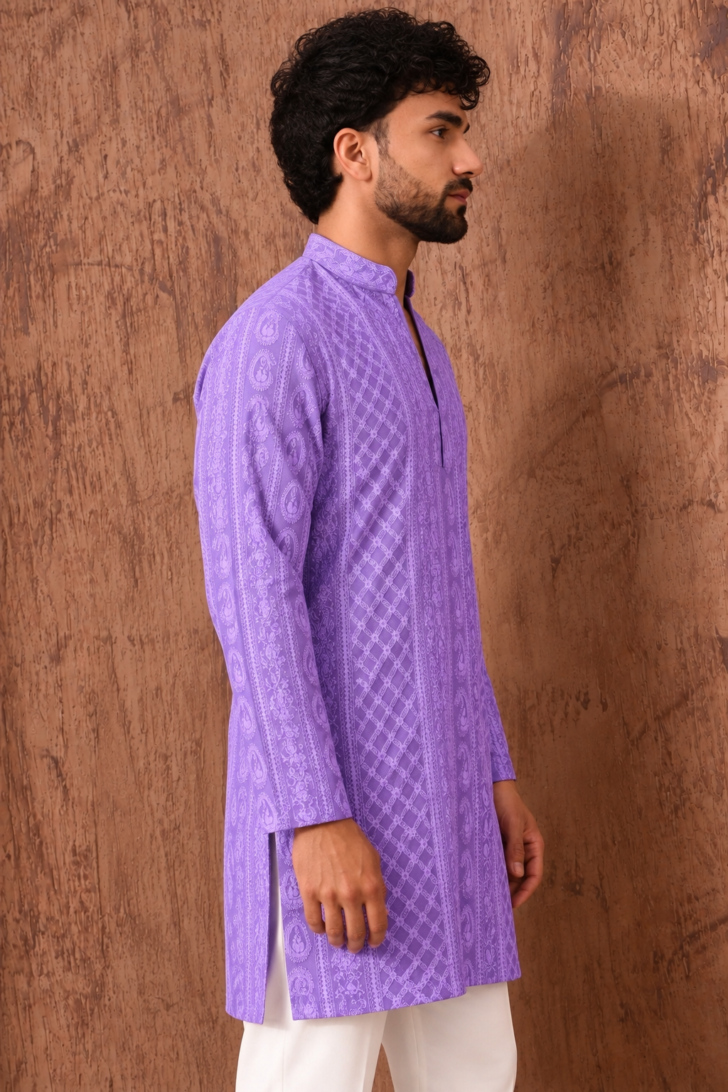Lavender Chikankari Textured V-Neck Short Kurta