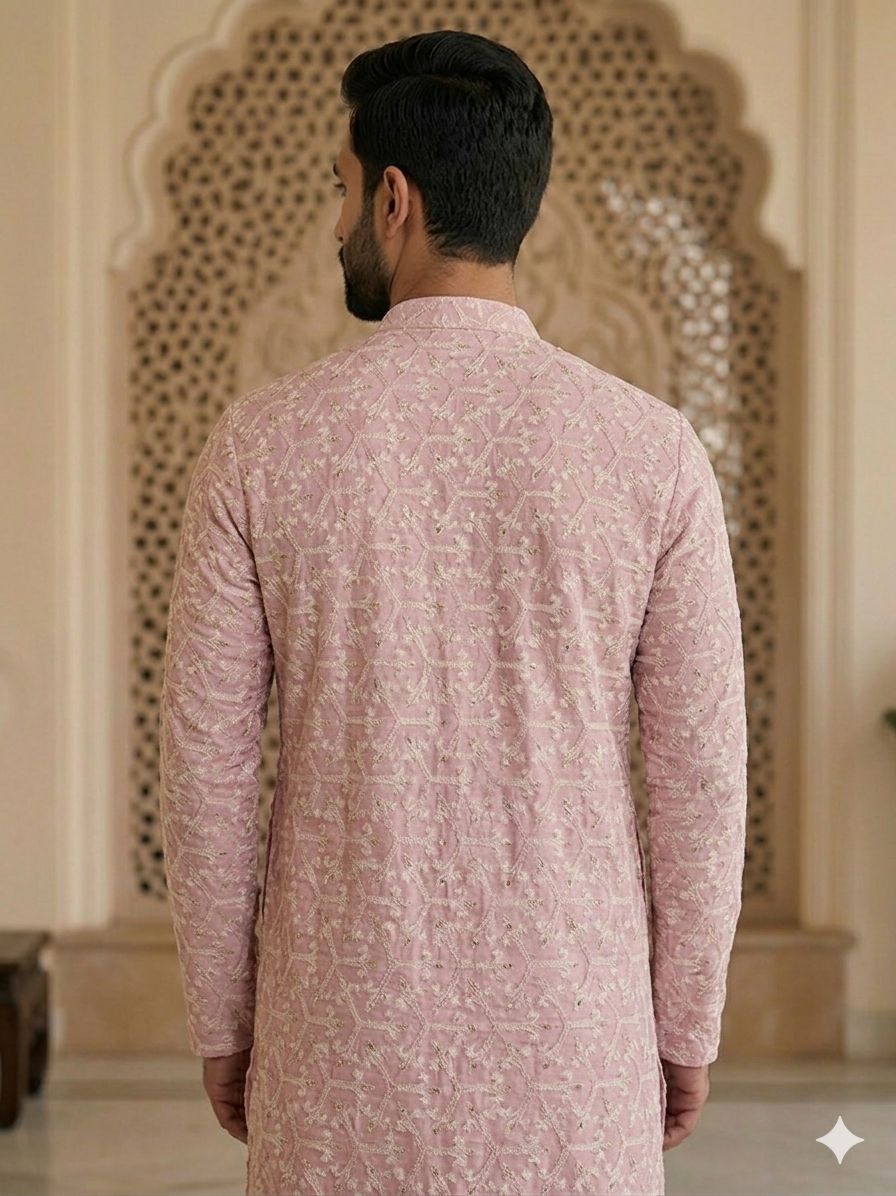 Men's Peach Geometric Chikankari Embroidered Kurta