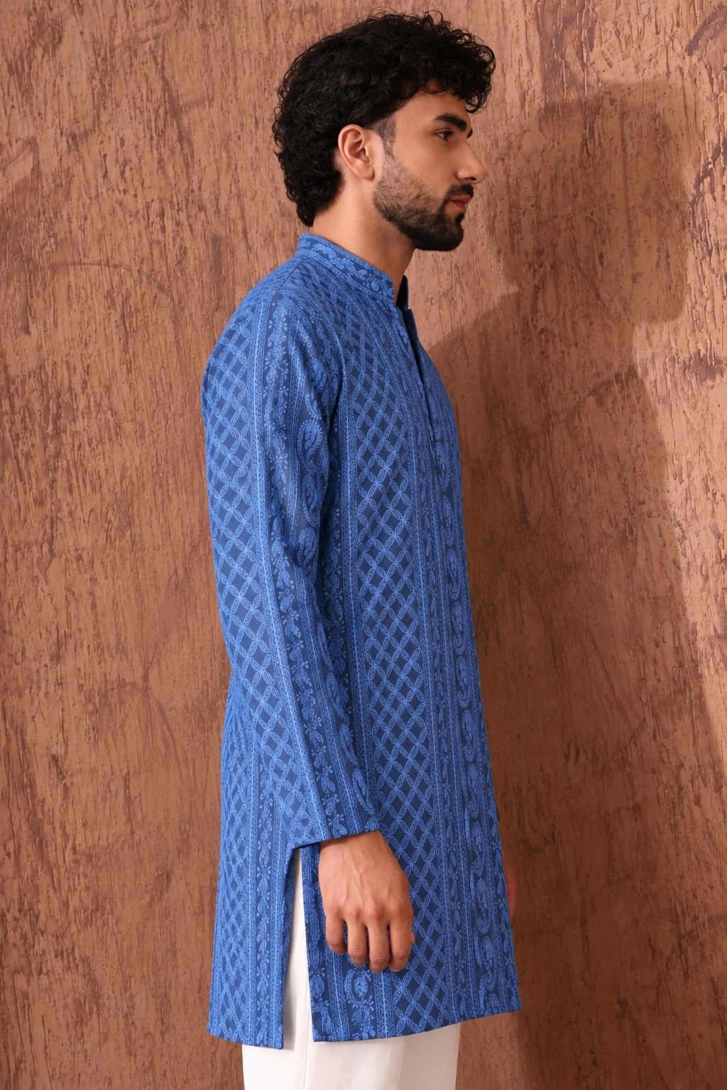 Grey Chikankari Textured V-Neck Short Kurta