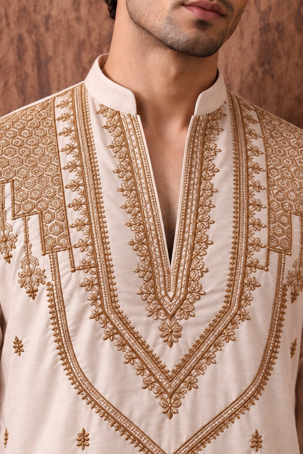 Peach Heritage Embroidered V-Neck Short Kurta