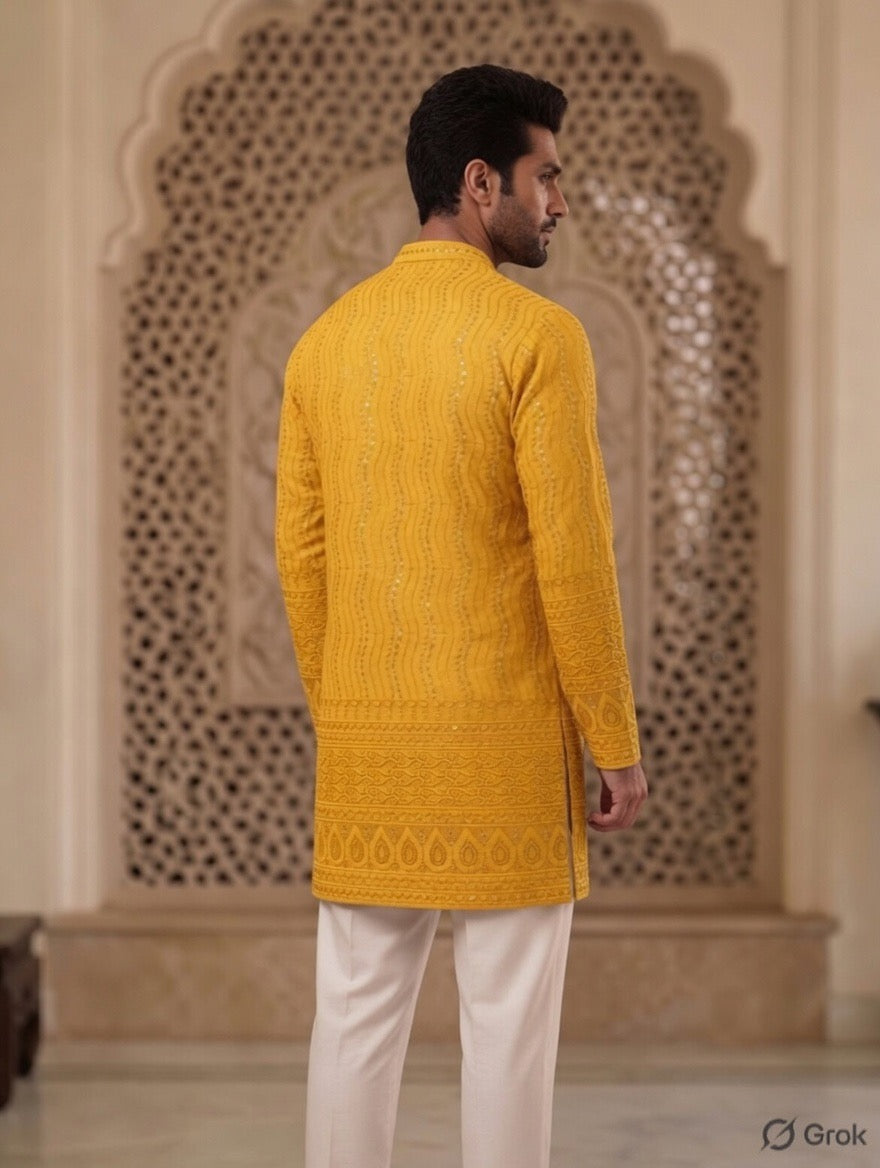 Royal Heritage Embroidered Yellow Short Kurta