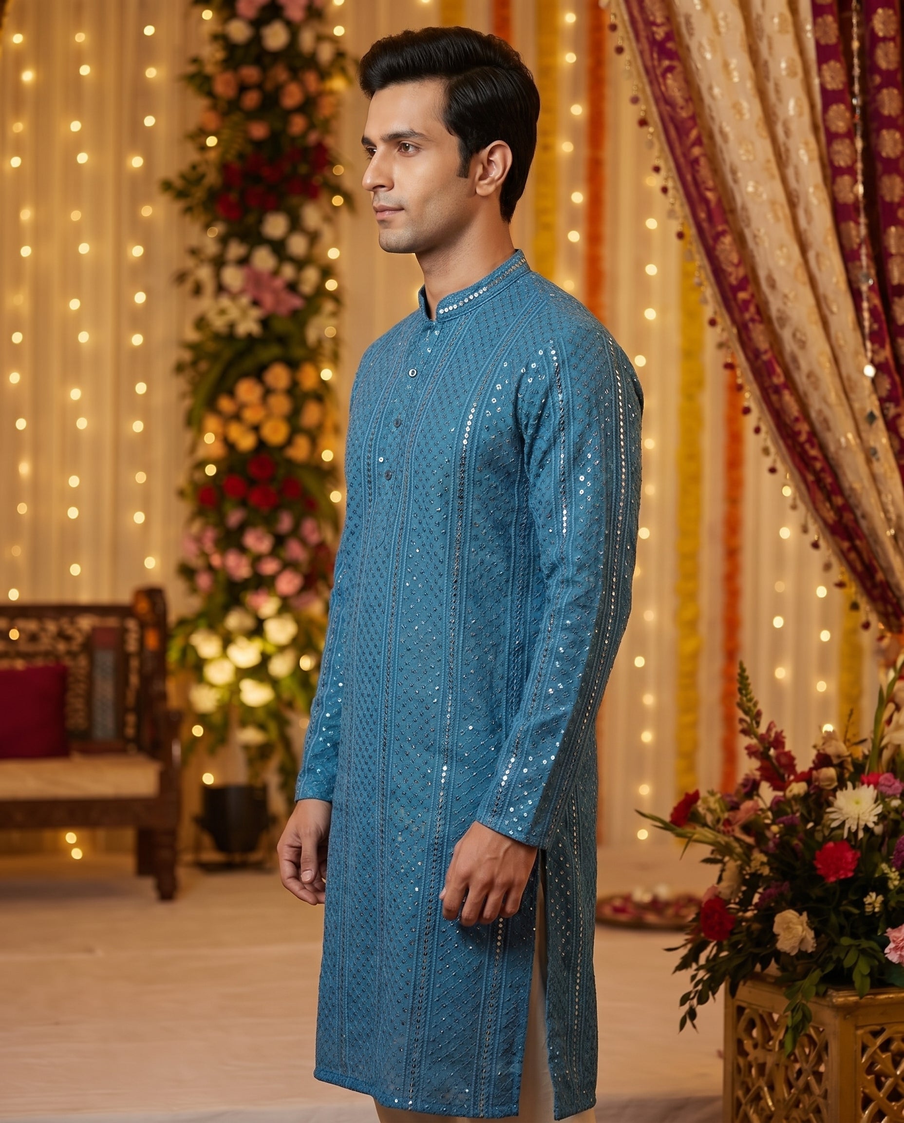 Men's Morpeach Sequined Chikankari Kurta with Metallic Accents