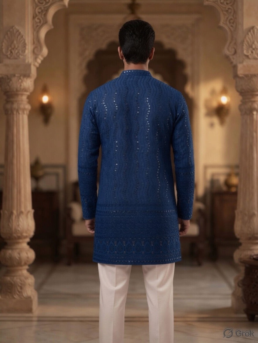 Royal Heritage Embroidered Navy Blue Short Kurta