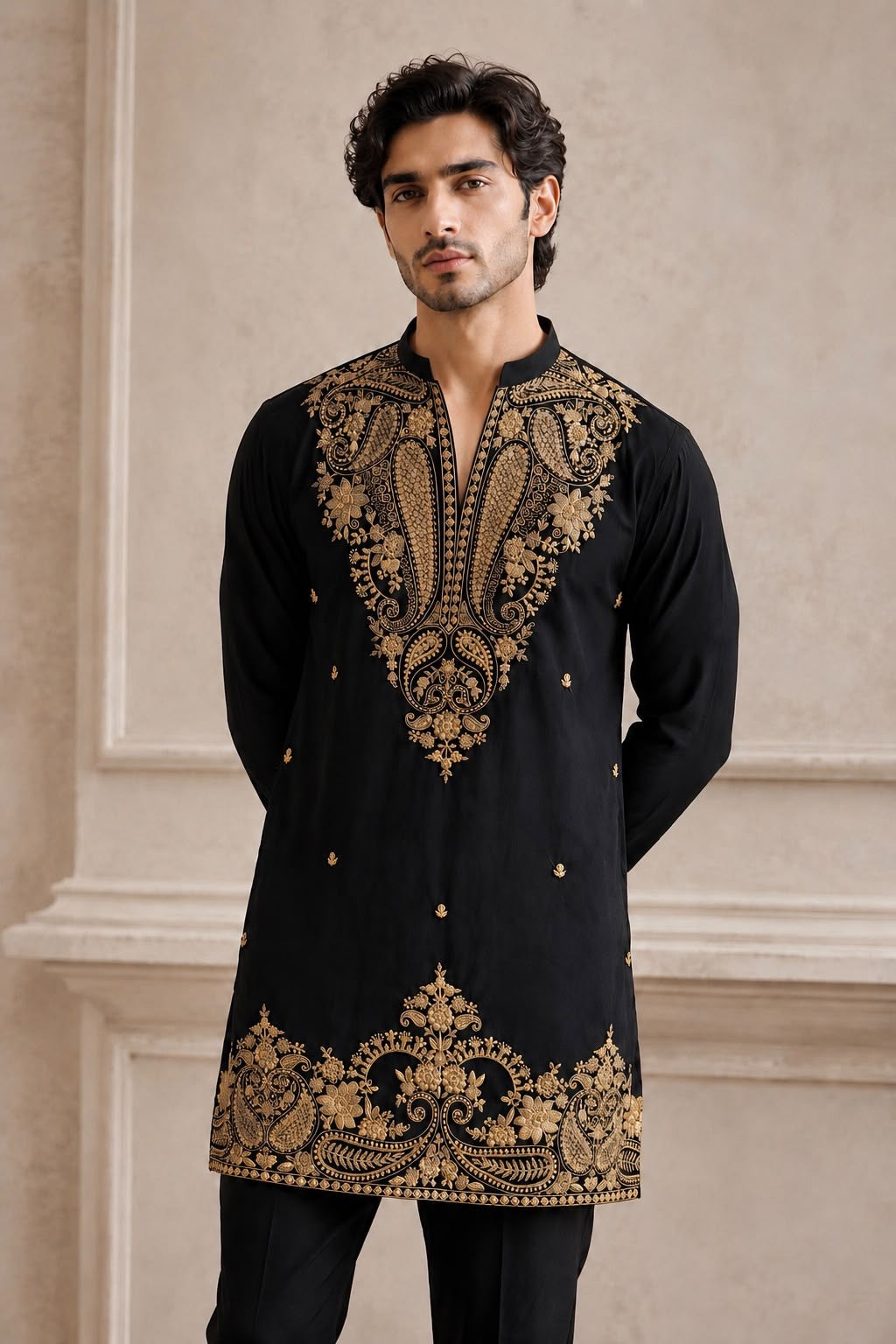 Black Paisley Embroidered V-Neck Short Kurta
