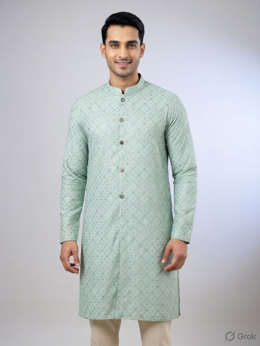 Sky Sequin Embroidered Festive Kurta for Men