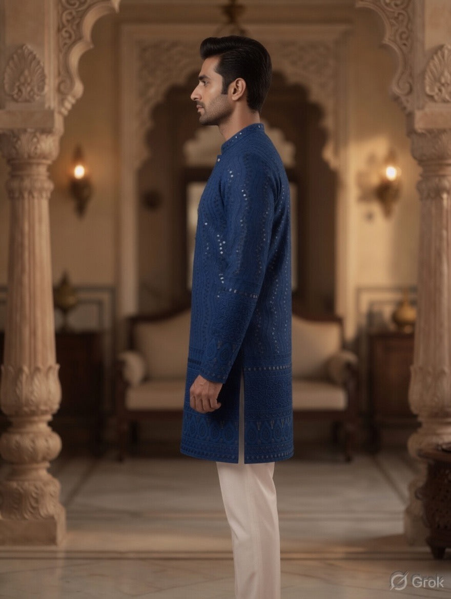 Royal Heritage Embroidered Navy Blue Short Kurta