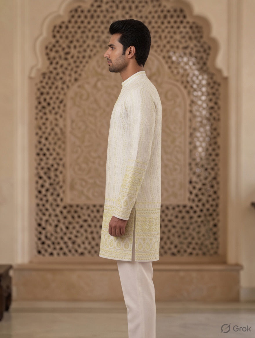 Royal Heritage Embroidered Lemon Short Kurta