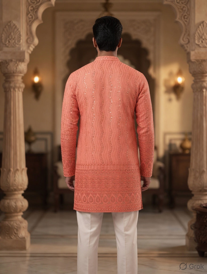 Royal Heritage Embroidered Peach Short Kurta