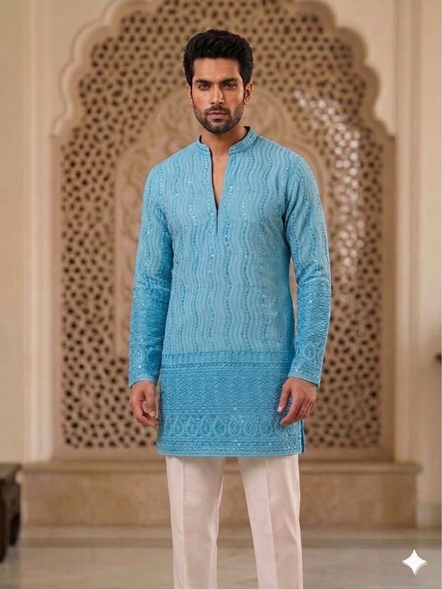 Royal Heritage Embroidered Sky Short Kurta