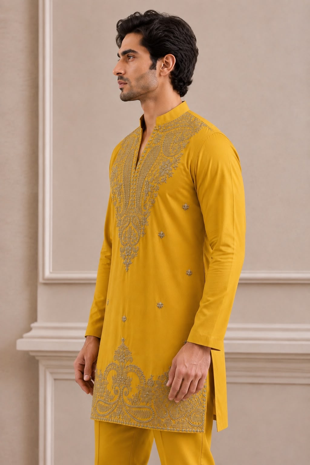 Mustard Paisley Embroidered V-Neck Short Kurta