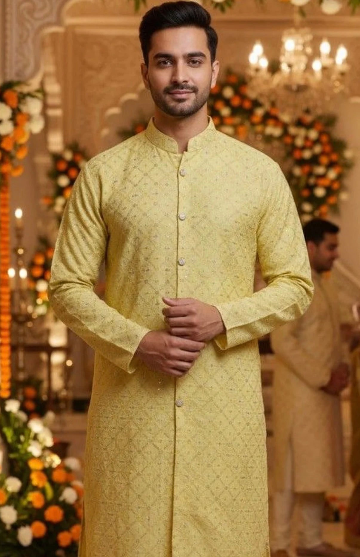 Yellow Sequin Embroidered Festive Kurta for Men