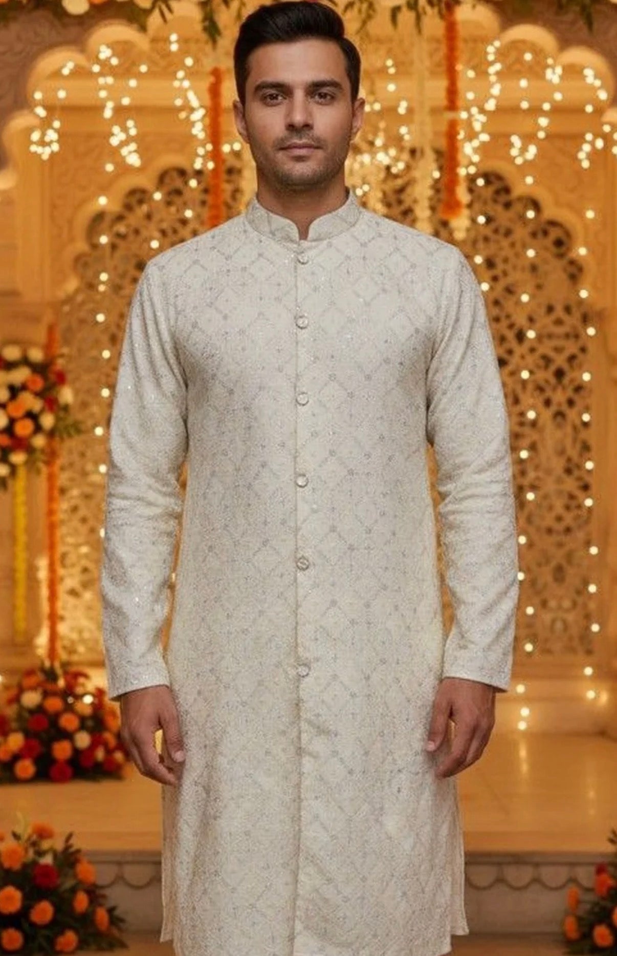 Lemon Sequin Embroidered Festive Kurta for Men