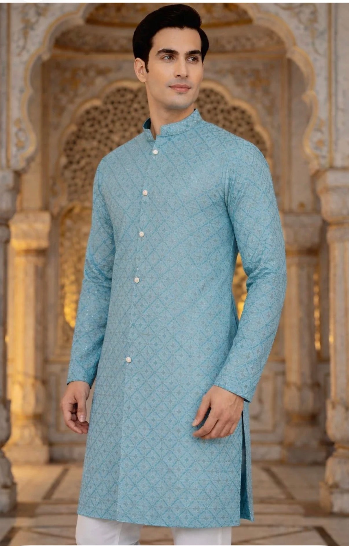 Firozi Sequin Embroidered Festive Kurta for Men