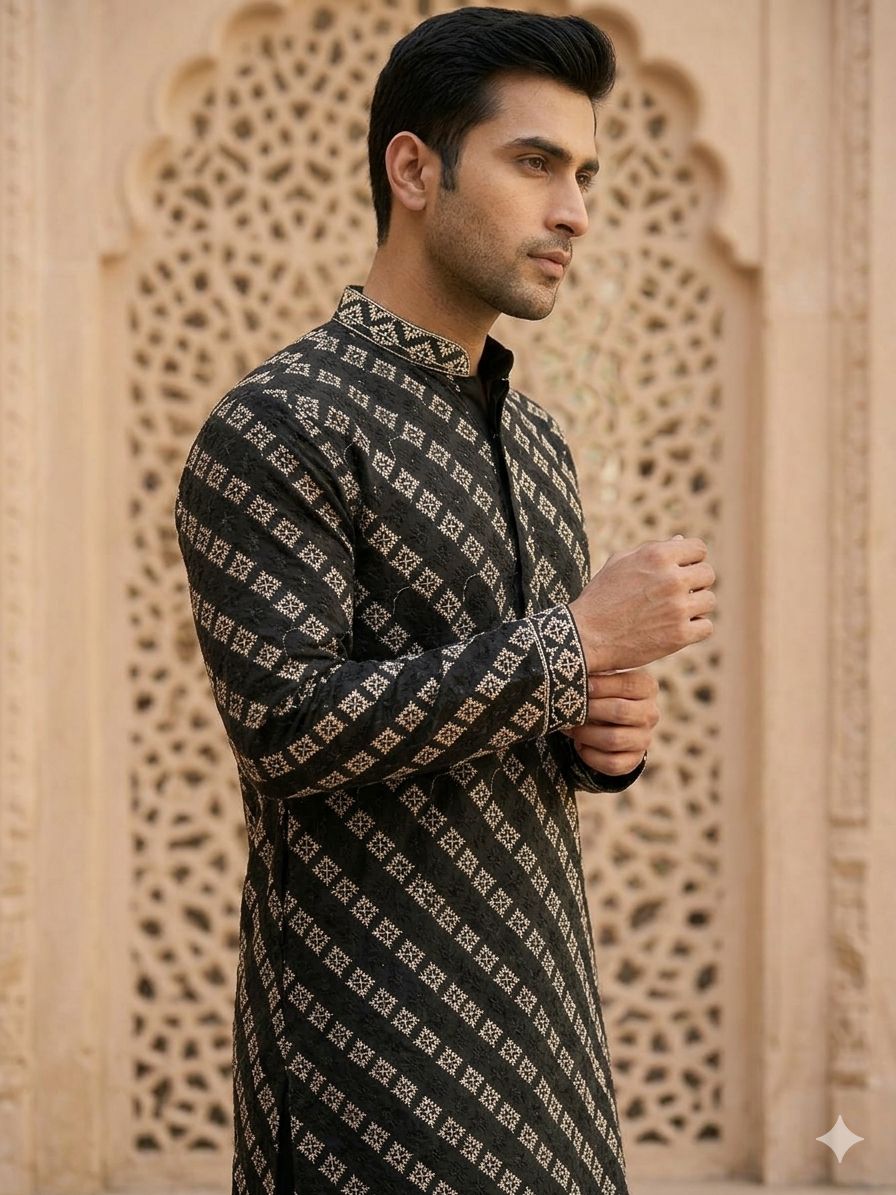 Men's Black Cross-Stitch Geometric Embroidered Kurta