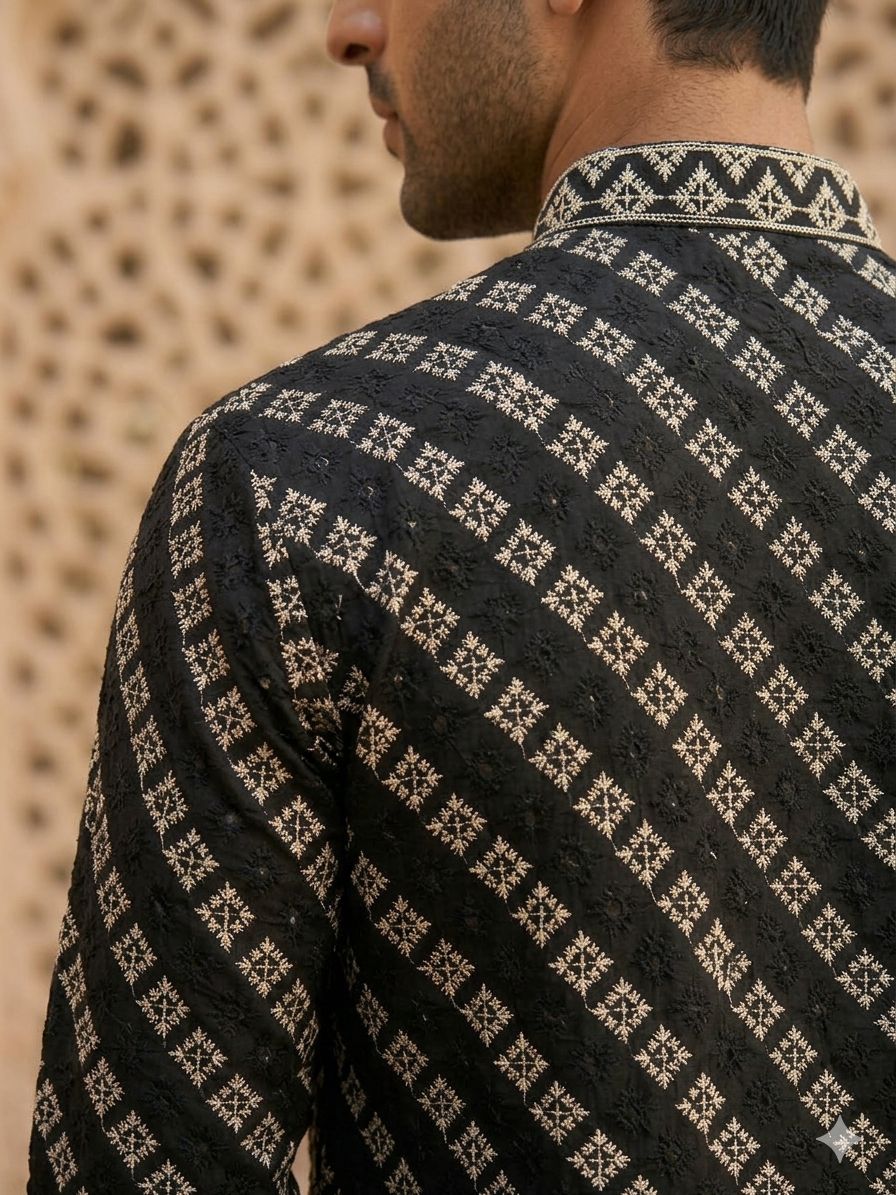 Men's Black Cross-Stitch Geometric Embroidered Kurta