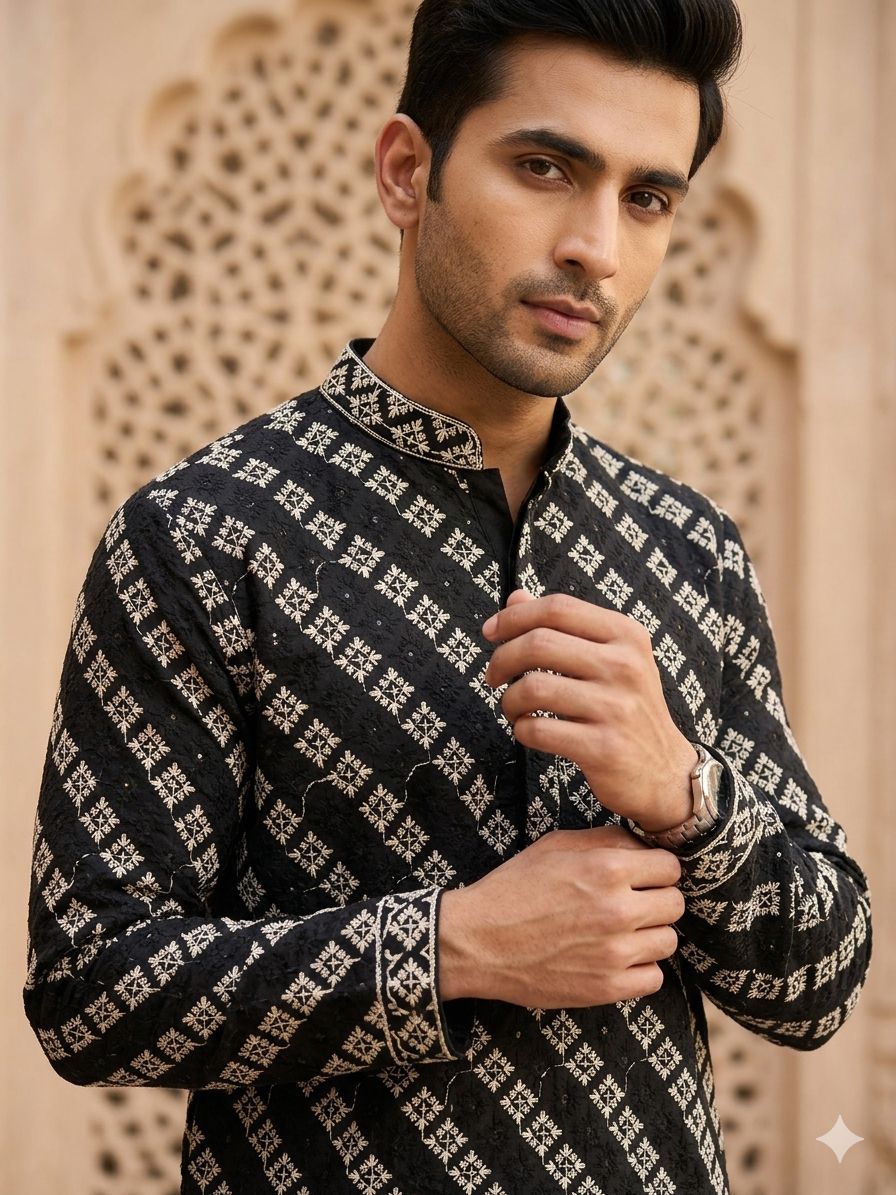Men's Black Cross-Stitch Geometric Embroidered Kurta