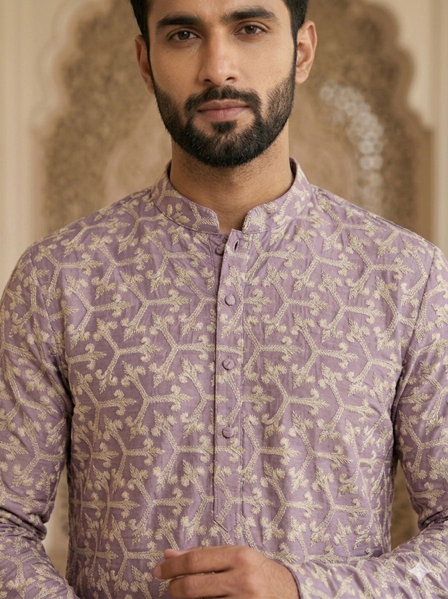 Men's lavender Geometric Chikankari Embroidered Kurta