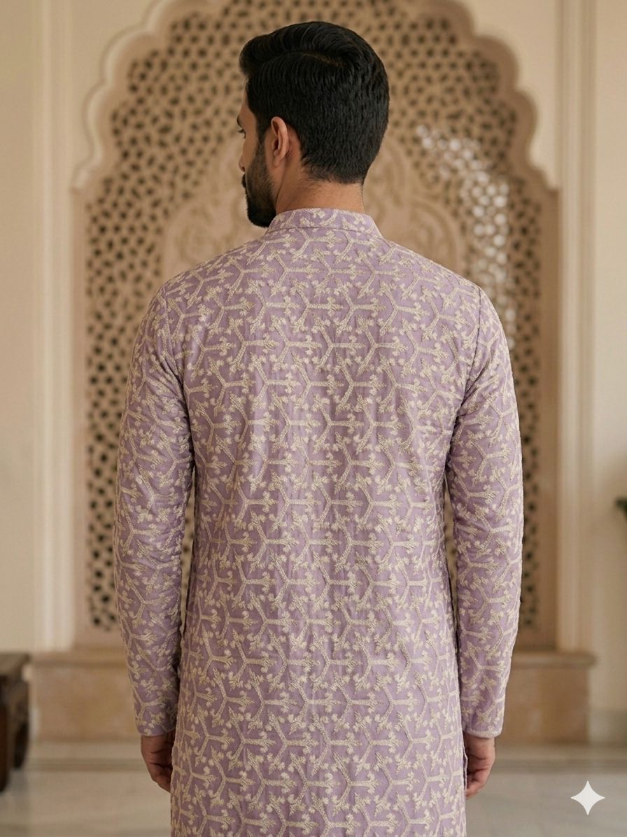 Men's lavender Geometric Chikankari Embroidered Kurta