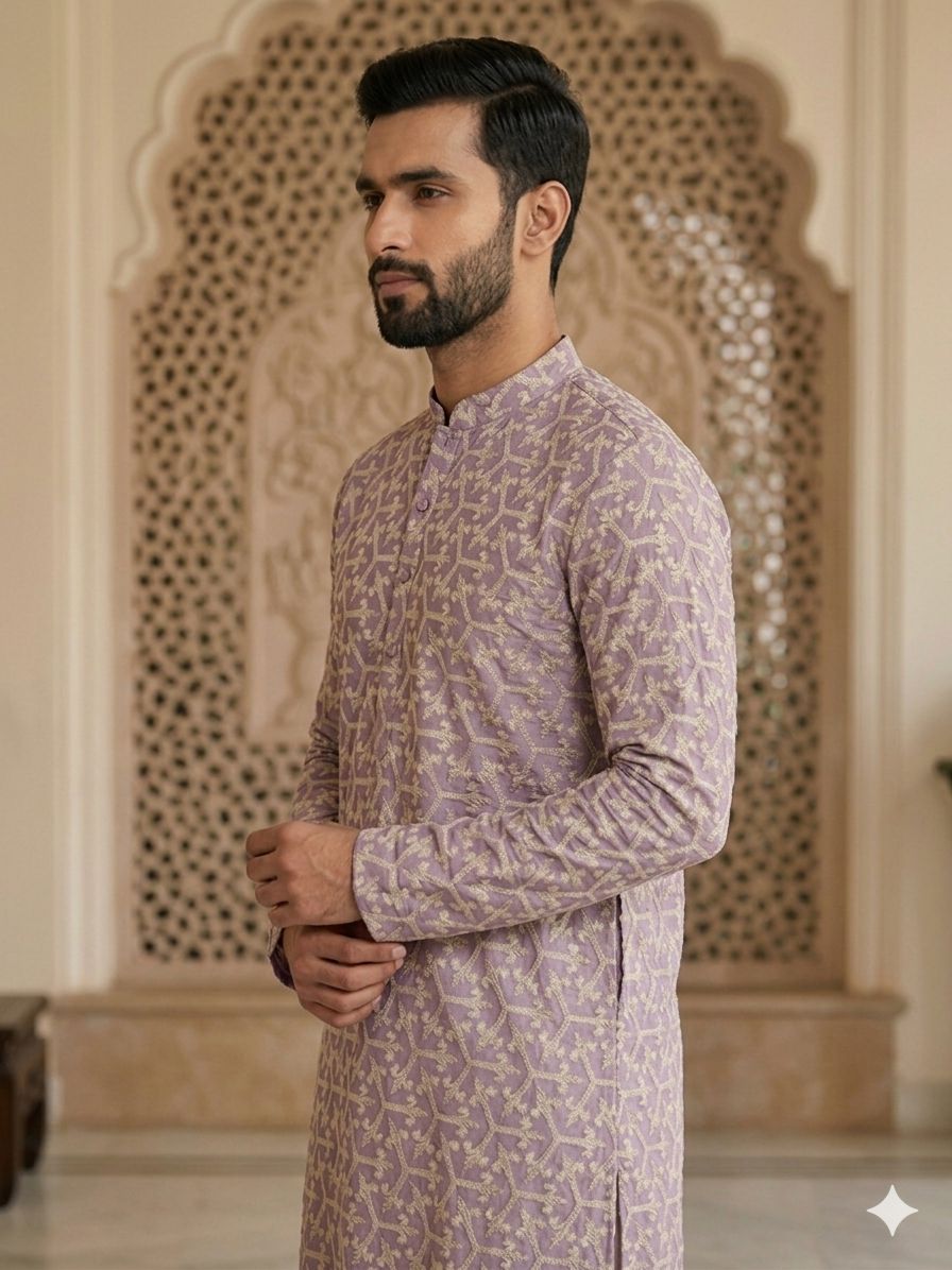 Men's lavender Geometric Chikankari Embroidered Kurta