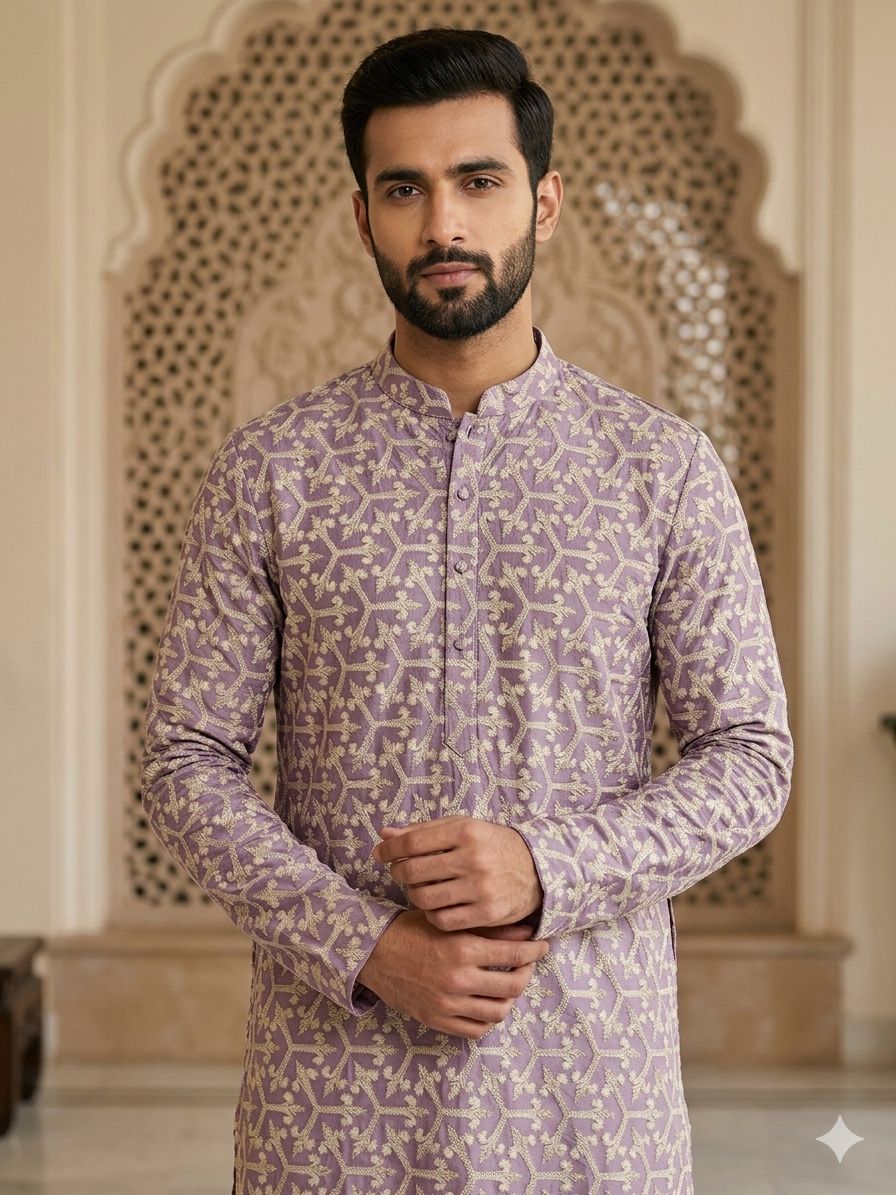 Men's lavender Geometric Chikankari Embroidered Kurta