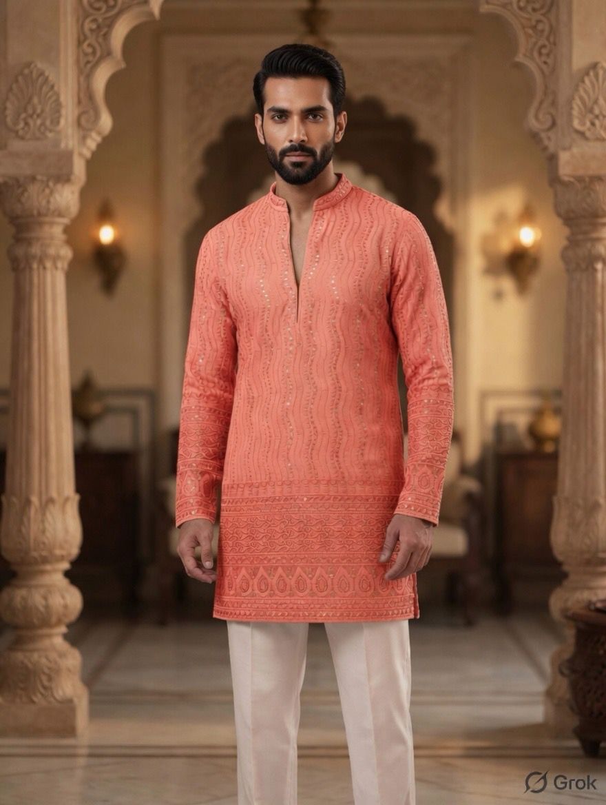 Royal Heritage Embroidered Peach Short Kurta