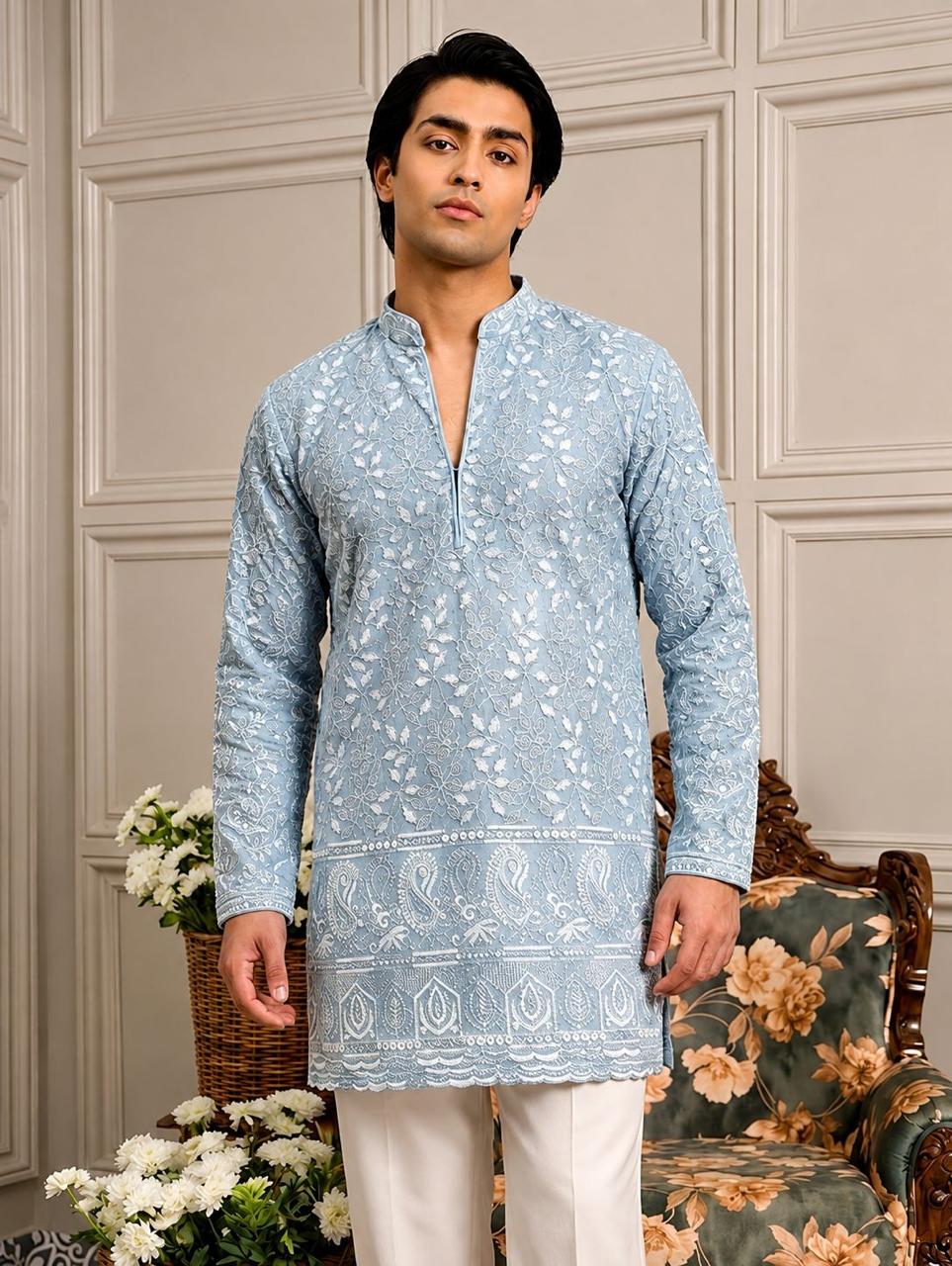 Lucknowi Sky blue Short Kurta for Men