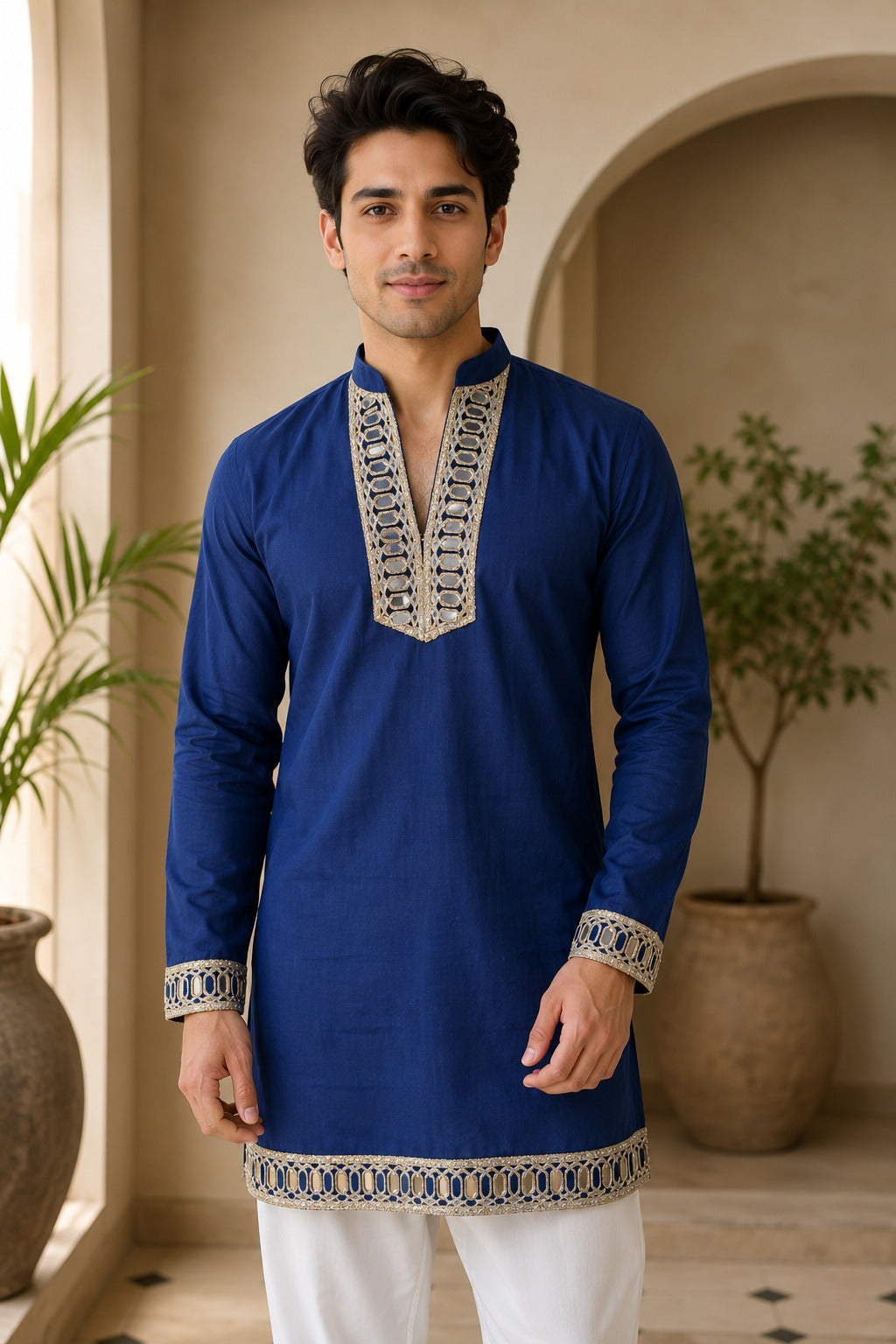 Aaina Luxe V-Neck Navy Blue Short Kurta