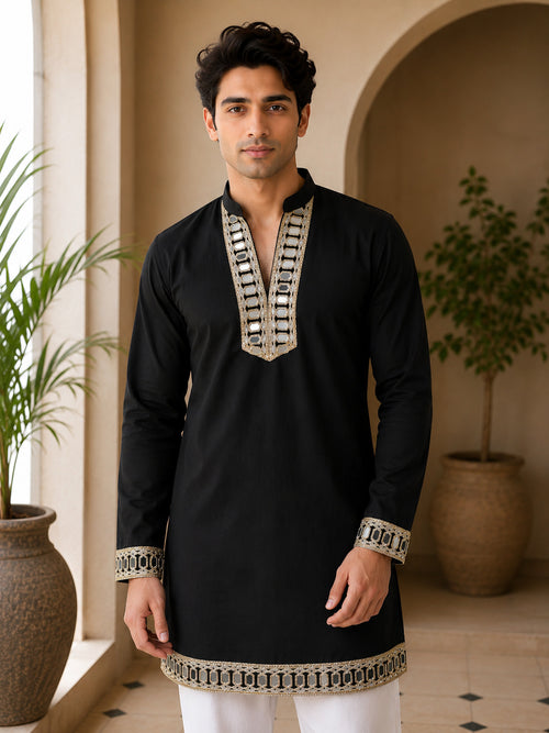 Aaina Luxe V-Neck Black Short Kurta