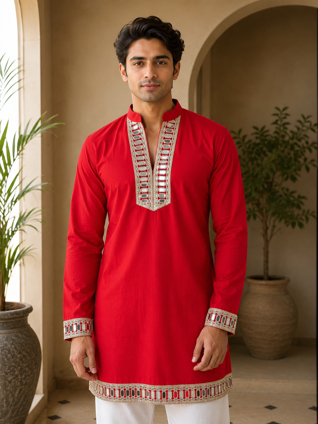 Aaina Luxe V-Neck Red Short Kurta