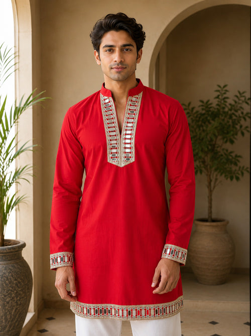 Aaina Luxe V-Neck Red Short Kurta