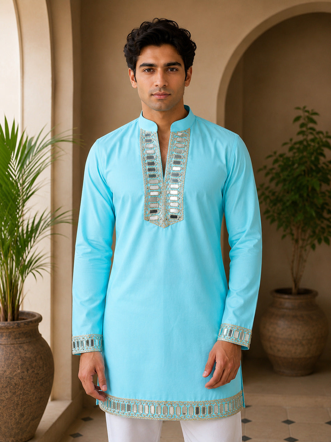 Aaina Luxe V-Neck Sky Short Kurta