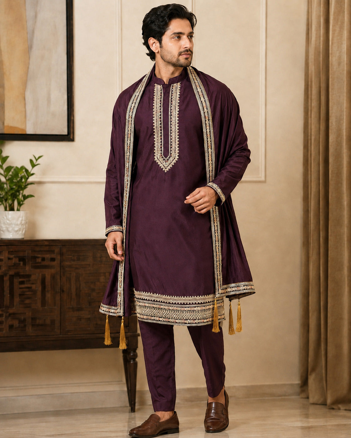Wine Premium Kurta Set with Dupatta