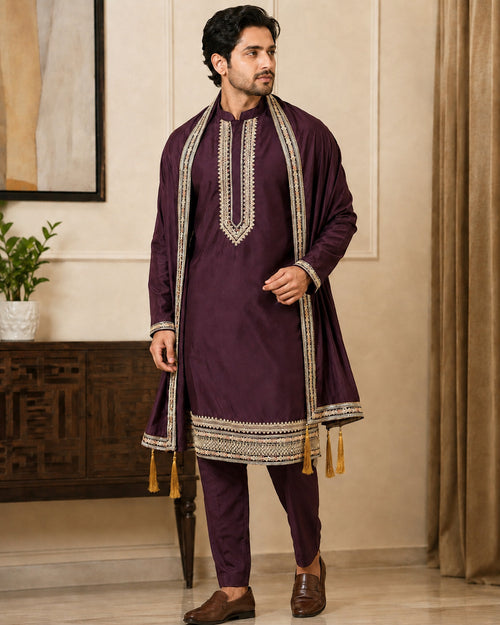 Wine Premium Kurta Set with Dupatta