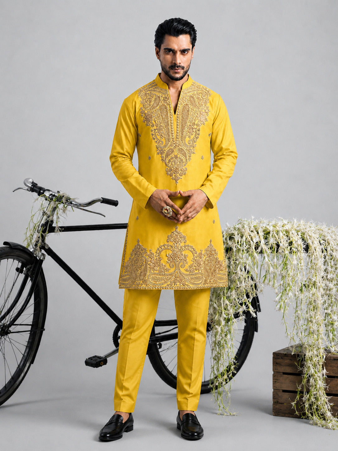 Mustard Paisley Embroidered V-Neck Short Kurta